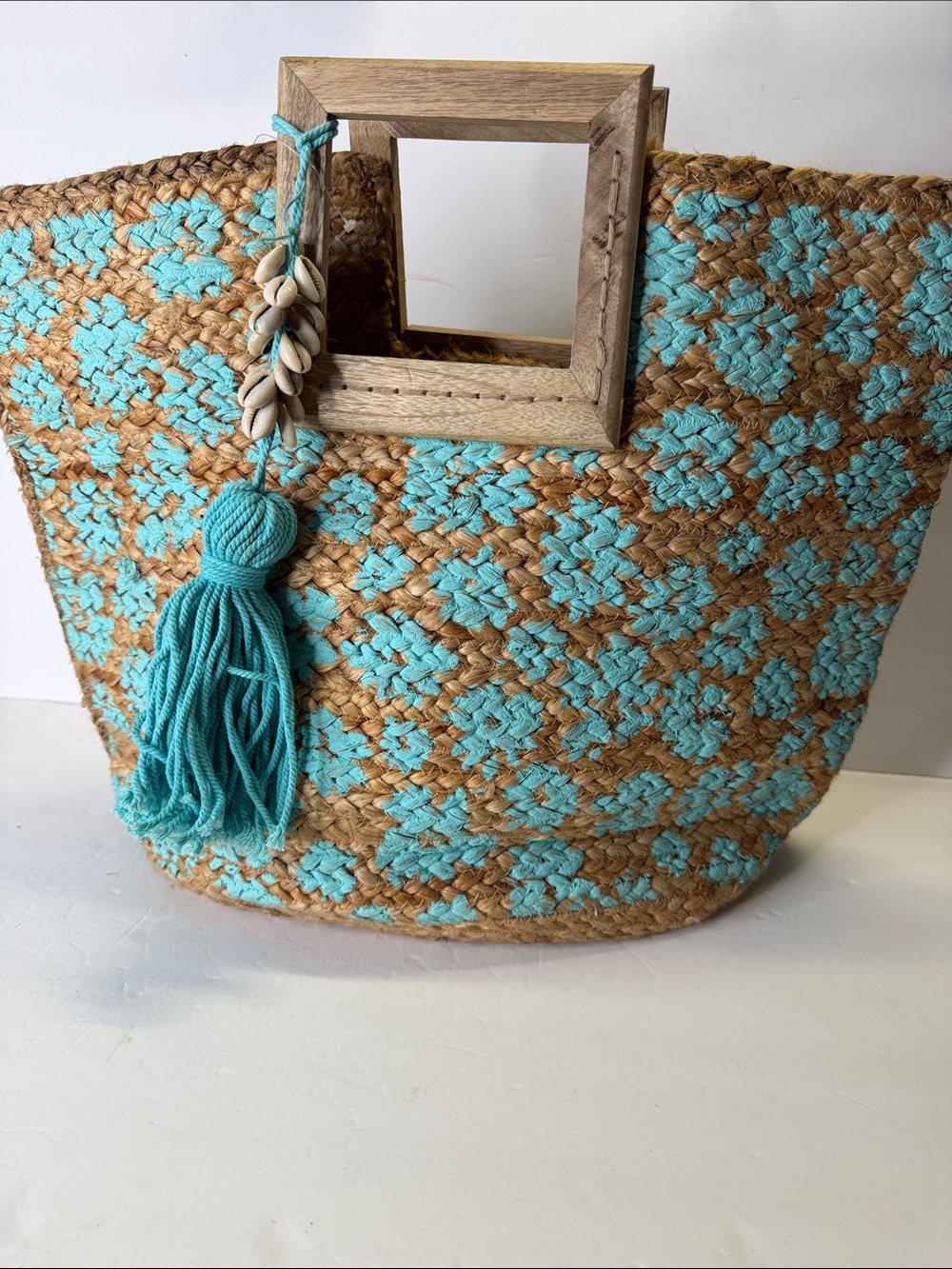 Time and Tru Turquoise and Natural Woven Tote with Wooden Handles
